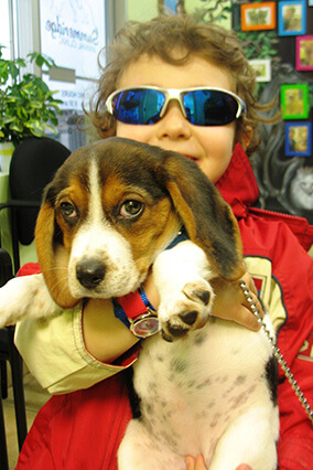 Child holding dog